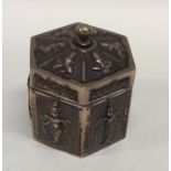 An Indian silver tea caddy with lift-off cover. Ap