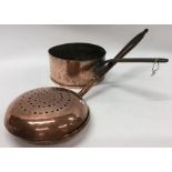 An Antique copper pan together with a copper chest