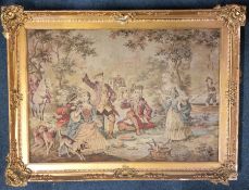 A large gilt framed tapestry. Approx. 62 cms x 89