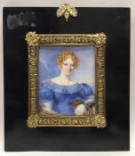A rectangular miniature of a lady in blue dress wi