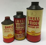 Two varying sized "Shell X-100 Motor Oil" cans tog