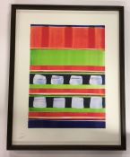 A modernistic framed and glazed print in bright co