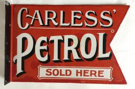 A flag shaped "Carless' Petrol Sold Here" metal an