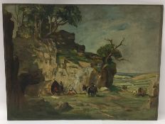 J A RHODES: An unframed oil on board depicting a g