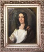 A large oil on canvas depicting a lady with wavy h