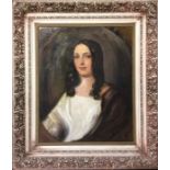 A large oil on canvas depicting a lady with wavy h