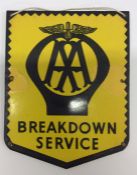 An "AA Breakdown Service" metal sign mounted on bo