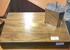 A plated tea caddy together with a cutlery set.