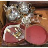 An old leather collar box, plated tea set etc.