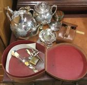 An old leather collar box, plated tea set etc.