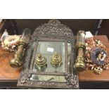 An Oriental mirror, copper lamps etc.