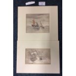 Two unframed watercolours depicting ships in rough