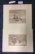 Two unframed watercolours depicting ships in rough