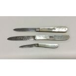 A group of three silver and MOP fruit knives. Appr