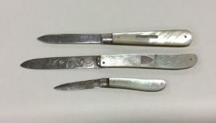 A group of three silver and MOP fruit knives. Appr