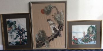 Three framed and glazed Oriental silkwork pictures