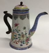 An unusual enamelled tapering coffee pot decorated