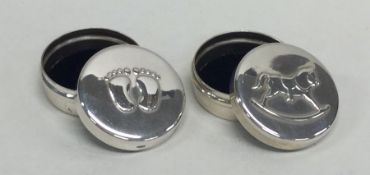 Two modern circular silver christening boxes. Appr