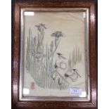 A framed and glazed Japanese silk depicting herons