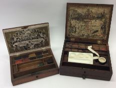 Two mahogany cased artist paintboxes with fitted i