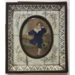 An oval painted miniature of the blue boy in MOP frame. E