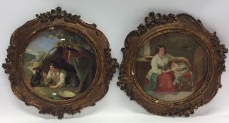 A pair of circular prints depicting figures in gil