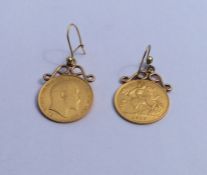 A pair of 1910 half sovereigns mounted as earrings