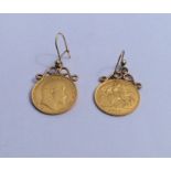 A pair of 1910 half sovereigns mounted as earrings