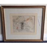 A framed and glazed pencil and watercolour sketch