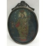 A large oval Russian icon with ribbon top. Approx.