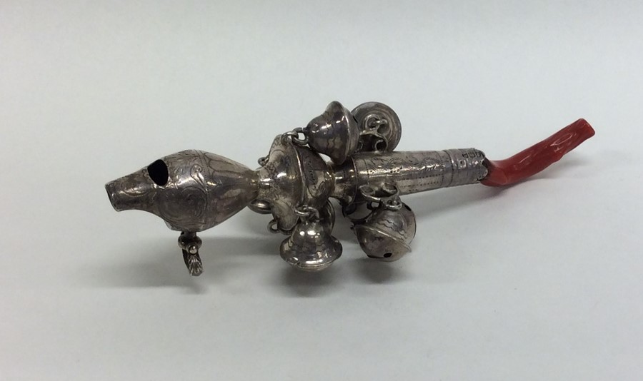 A Georgian bright cut silver child's rattle / whis