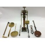 An old copper chestnut roaster, companion sets etc