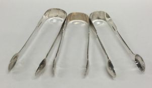 EXETER: Three pairs of silver sugar tongs. Approx.