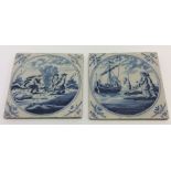 A pair of English blue and white tiles decorated w