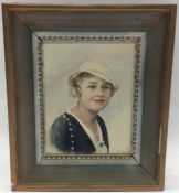 A rectangular portrait of a lady in gilded frame.