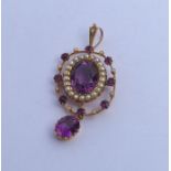 A Victorian amethyst and pearl pendant with loop t