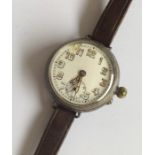 A gent's silver open faced wristwatch on leather s