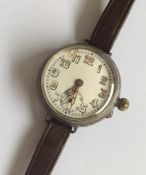 A gent's silver open faced wristwatch on leather s
