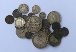 A bag containing old silver Crowns, Sixpences etc.