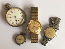 A bag containing wristwatches and a pocket watch.