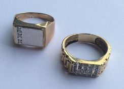 Two heavy gents' 9 carat signet rings set with dia