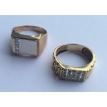 Two heavy gents' 9 carat signet rings set with dia