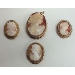 A group of three 9 carat framed shell cameos. Appr