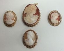 A group of three 9 carat framed shell cameos. Appr