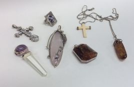 A silver and amber pendant together with other sil