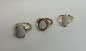 A group of three 9 carat single stone opal rings.