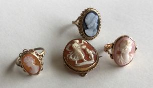 Three 9 carat cameo rings together with a brooch.