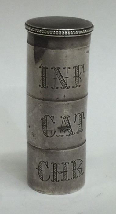 An unusual triple cylindrical silver scent bottle.