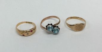 Three 9 carat gold rings. Approx. 6.1 grams. Est.