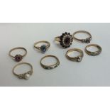 Eight 9 carat gem set rings. Approx. 19.1 grams. E